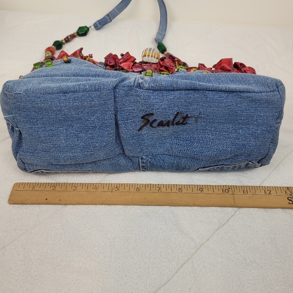 Hand Crafted By Scarlet Denim Red Beaded Women's Bag Lined Bead Handle Boho Arty - Picture 2 of 9